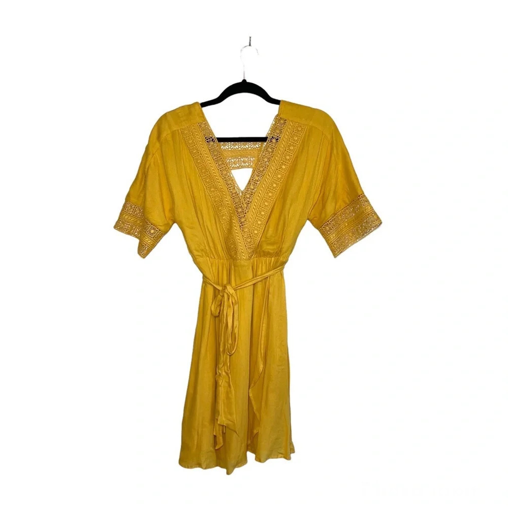 Altar’d State Crochet Wrap Mini Dress Solid Yellow Belted V-neck Small Women’s